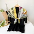 Close-up of floral silk scarf with yellow and green patterns on a black knit shirt - Tulip Flower Pattern / 90*90cm