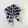 Luxurious 90x90cm checkered silk scarf featuring blue and white artistic logo prints - Blue (W90273)