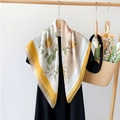 Detail of white daisy floral silk scarf with yellow border draped on a black dress - Small Yellow Flower Pattern / 90*90cm
