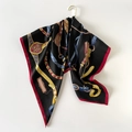 Elegant 90cm square silk scarf with black equestrian chain print and burgundy borders - 90cmx90cm / Black