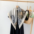 Detail of vintage floral print faux silk scarf draped on a black dress for styling - Artistic Line Flowers / 90*90cm
