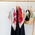 Lightweight square silk scarf with red floral print hanging on a wooden hanger - Grey And Red Large Floral / 90*90cm