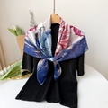 Elegant 90x90cm floral silk-feel scarf draped on a chic black top with home decor accents - Large Square Style / Blue