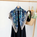 Vintage royal blue floral silk square scarf with light blue blossoms and beige borders - Colorful Floral Pattern / 90*90cm