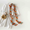 Detailed view of long striped satin scarf tied on white shirt collar for style - Orange Striped (P9002-Orange Striped)