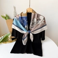 Elegant 90cm square silk scarf with vintage floral print and blue patchwork pattern - Jls90019-blue / 90*90cm