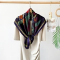 90cm satin square scarf with vintage floral print tied on a stylish beige dress - Purple Floral