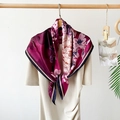 Elegant 90cm purple and pink satin silk square scarf with floral peony pattern print - Purple Peony