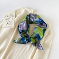 Detail of colorful camo cotton silk scarf with elegant navy crochet lace trim over cream sweater - 70cmx70cm / Oil Painting Mountain Blue