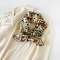 Detail of floral cotton neck scarf with vintage print and brown crochet lace edge - 70cmx70cm / Watercolor Floral Orange Green