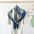 Elegant navy blue satin square scarf with white floral print on a wooden hanger - Oil Painting Blue Flower