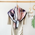 90cm square satin silk scarf with pink and purple floral print and black border - Purple Leaf
