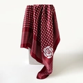 Elegant wine red satin scarf with white polka dots and camellia flower print on white plinth - Red