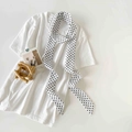 Polka dot skinny silk scarf in black and white paired with a white minimalist cotton t-shirt - White Small Polka Dot (P9006-White Small)