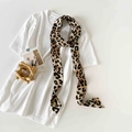 Polka dot and leopard print narrow silk scarf styled on a minimalist white t-shirt - Khaki Leopard Print (P9004-Khaki Leopard)