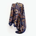 Detailed view of deep blue paisley satin scarf with silky texture and elegant drape - 90x90cm / Dark Blue (D9045)