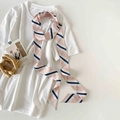 Narrow pink, white and navy blue striped twilly silk scarf on a white cotton t-shirt - Nude Pink Striped (P9002-Nude Pink)