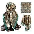Pañuelo de seda vintage con diseño de damasco en marrón dorado y turquesa, raso satinado - 90*90cm / Verde