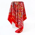 Detail of 90cm satin square scarf showing red paisley patterns and silky fabric texture - 90x90cm / Red (D9168)