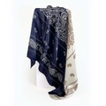 Detailed view of paisley pattern satin square scarf with navy and cream split color design - 90x90cm / Blue (D9335)