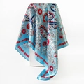 Detail of blue paisley satin scarf with floral prints and glossy silk texture finish - 90x90cm / Blue (D9168)