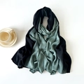 Detailed view of bicolor moss green and black silk scarf with fine stitched edges - 180x90cm / Cyan Black Color Block