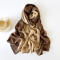 Detail of soft silk-like scarf with brown gradient fade and fine stitched edge texture - 180x90cm / Yellow & Coffee