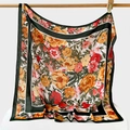 Grande foulard quadrato in seta vintage con stampe floreali calde e bordo verde scuro - 90*90cm / Verde Scuro