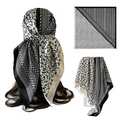 Satin silk square scarf with black and white monochrome leaf and chevron print patterns - D9469 Style (D9469) / Black
