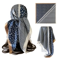 90cm satin silk square scarf with dark blue and gold bird print and geometric pattern - D9469 Style (D9469) / Blue
