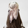 Elegant paisley satin square headscarf for women featuring pink and white bohemian patterns - L7014 / Pink