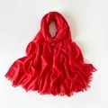 Detail of red cotton linen scarf showing soft pleated texture and fine fringe edges - 180*90CM / Red