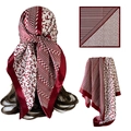Burgundy and cream satin silk square scarf with geometric print and leaf patterns - D9469 Style (D9469) / Red