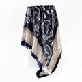 Detail of navy silk scarf featuring elegant paisley patterns and golden border details - 90x90cm / Navy Blue (D9017)