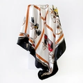 Detail of satin square scarf featuring classic equestrian carriage and harness print design - Black