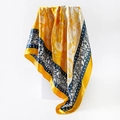 Detailed view of ginger and navy paisley satin scarf with silky texture and elegant drape - 90x90cm / Egg Yolk Yellow (D9017)