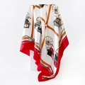 Detailed macro view of horse carriage print on 90cm satin silk square scarf with red border - Red