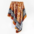 Close-up of golden paisley silk scarf with navy borders showing smooth satin texture - 90x90cm / Light Coffee (D9017)