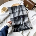 Écharpe en cachemire à carreaux noirs et gris de style britannique avec franges et étiquette - Noir et Blanc