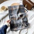 Écharpe classique à carreaux en mélange de cachemire gris et marron avec franges - Gris