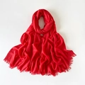 Bright red cotton linen scarf with frayed edges and natural crinkle texture - Red