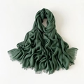 Deep green cotton linen scarf with elegant tassel edges and wrinkled texture - Dark Green