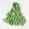 Grass green pleated linen-cotton scarf with fringed edges and soft texture - Light Emerald Green