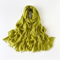 Mustard yellow linen scarf for women with tassels and soft pleated texture - Autumn Yellow