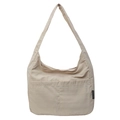 Beige minimalistische Hobo-Umhängetasche aus Canvas mit funktionellen Taschen und Webetikett - Gebrochenes Weiß