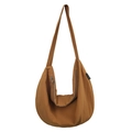 Minimalist brown nylon crescent tote bag with zipper and adjustable shoulder strap - Tan