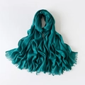 Bufanda de algodón y lino verde oscuro para mujer con bordes de flecos y textura rugosa - Azul Celeste