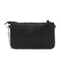 Black woven straw phone bag featuring silver studded trim and a versatile crossbody chain - Black