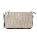 Straw woven crossbody phone bag in beige with silver chain and beaded trim detail - White