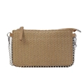 Straw woven mobile phone crossbody bag in light brown with silver stud trim and chain - Dark Brown